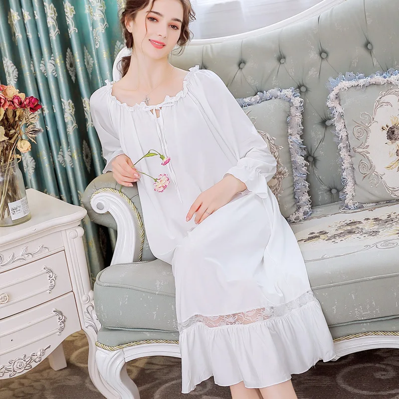 White Ночная рубашка, ночная рубашка, Элегантная пижама, осенняя одежда для сна, рукав-фонарик, бант, длинная ночная рубашка в стиле принцессы, мягкая домашняя одежда - Цвет: White