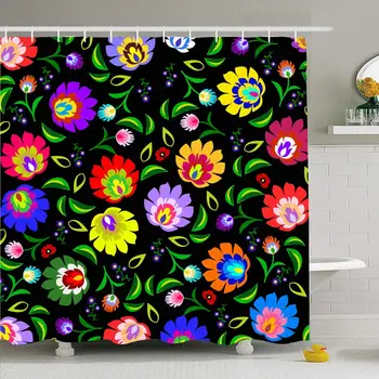

Shower Curtain Set with Hooks 66x72 Texture Colorful History Old Symbol Traditional Ornate Polish Vibrant Folk Floral Pattern
