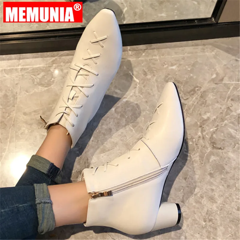 

MEMUNIA Plus size 34-43 new genuine leather boots lace up dress shoes zipper pointed toe 5cm high heels female ankle boots