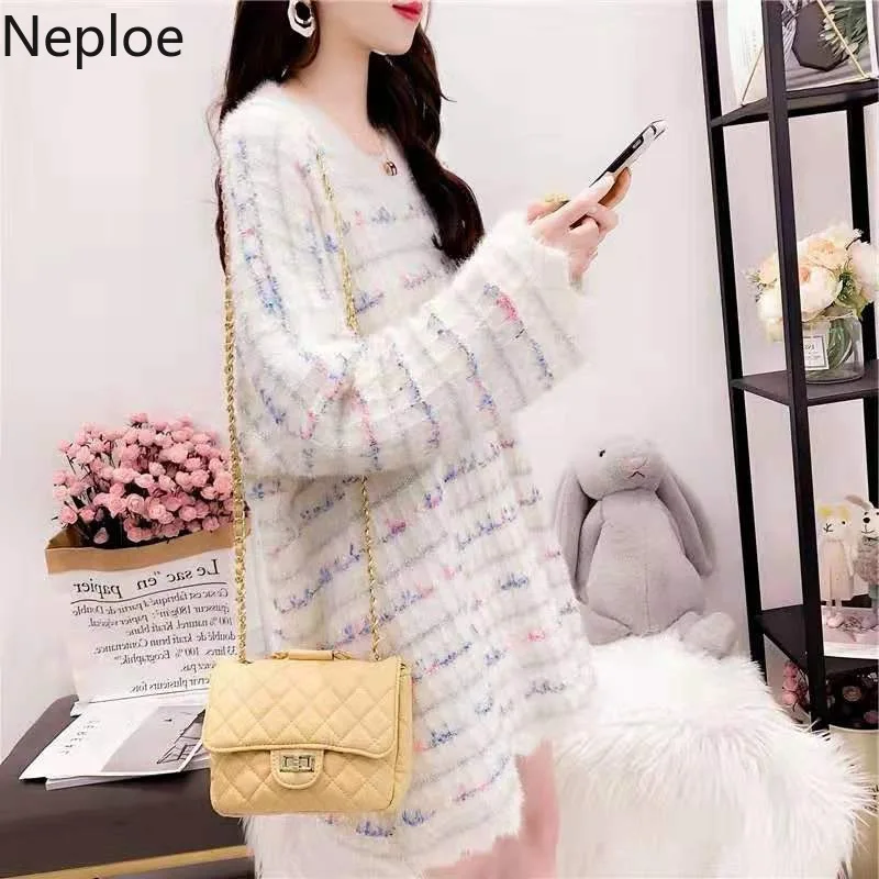 

Neploe Autumn O Neck Loose Pullover Sweater Crazy Style Fairy Knit Bottom Pull Femme Hiver Elagant Solid Ladies Tops 45907