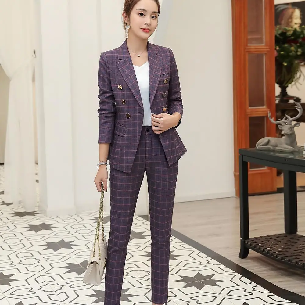 Women Girl Casual Pant Suits Purple Gray Plaid Blazer Jackets Set Suit Uniform Designs Style Jackets Coat and Pant 2 Pieces Set