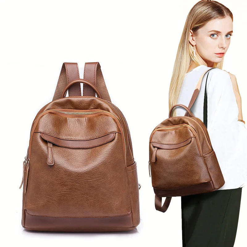 

2019 classic pu leather solid color backpack fashion women's youth school backpack casual leather college bag men's
