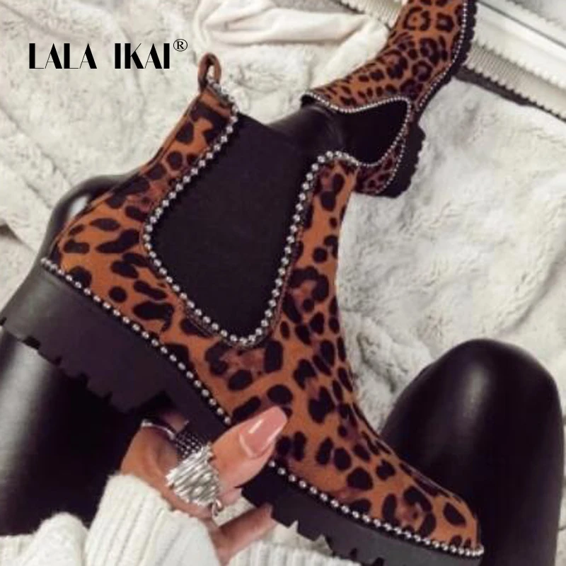 LALA IKAI Ankle Boots Women Winter Outdoor Leopard Flock Warm Shoes Female Mid Heels Casual Slip-On zapatos de mujer XWA9587-4