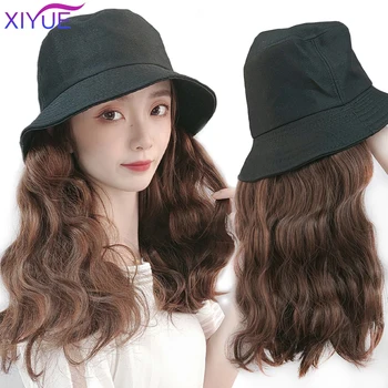 

XIYUE Fisherman's Hat Hat Synthetic Hair Wig Black Brown Color Long Water Ripple Curls Hair Extension With Black Hat For Women