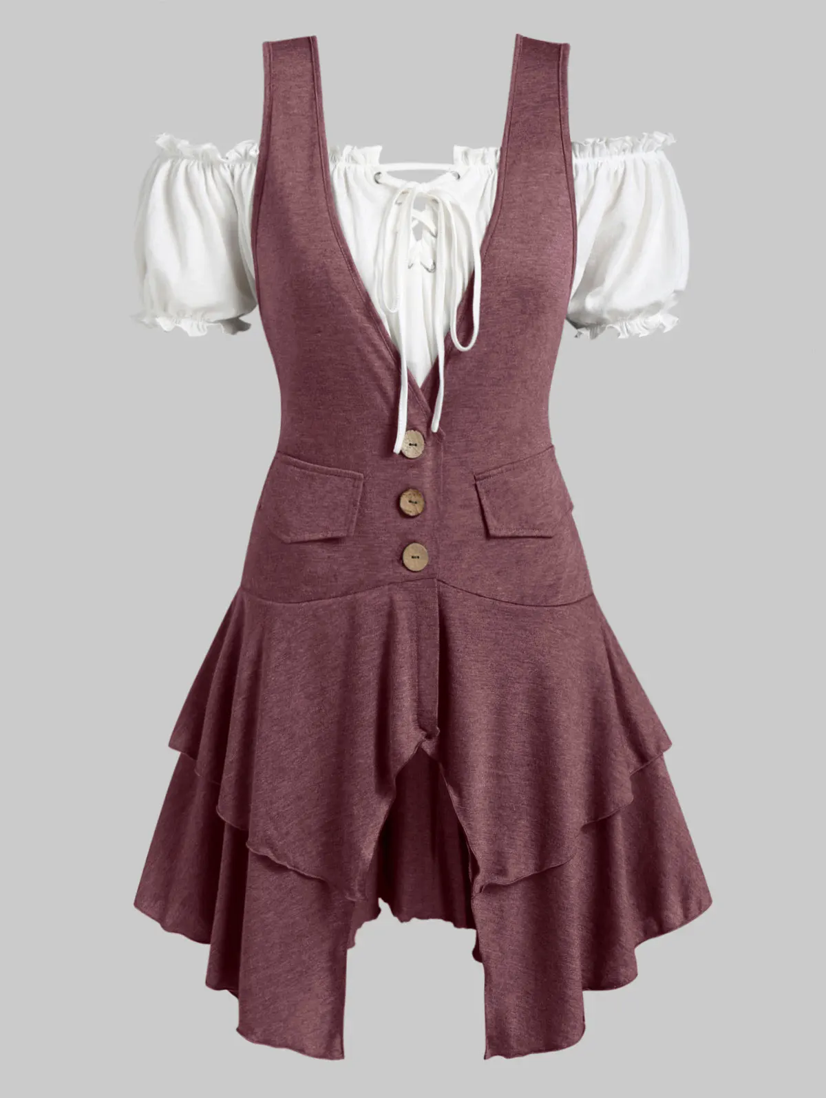 ROSEGAL размера плюс блузка с открытыми плечами и многослойная майка с глубоким вырезом, комплект с оборками, кружевная длинная рубашка, топ с коротким рукавом из двух частей - Цвет: Red Wine