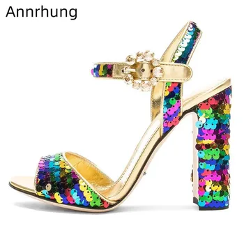 

Bling Summer Sandals Women Colorful Sequins High Heels Open Toe Crystal Buckle Party Sandals Hoof Heel Glitter Shoes Sandalias