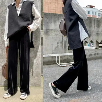 

Women Casual Solid Color High Waist Pleuche Straight Pants Wide Leg Trousers Solid color style match with perfect Christmas gift