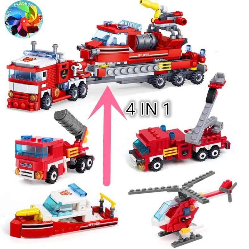 

4in1 Fire Fighting Trucks Car Boat Helicopter Building Blocks City Firefighter 4 figures man Bricks children Toys