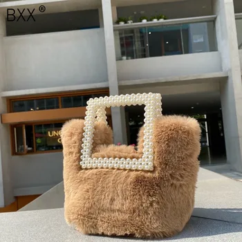 

[BXX] Faux Fur Soft Pearl Bags For Women 2020 Winter Branded Shoulder Hand Bag Lady Trending Chain Handbags and Purses HP569