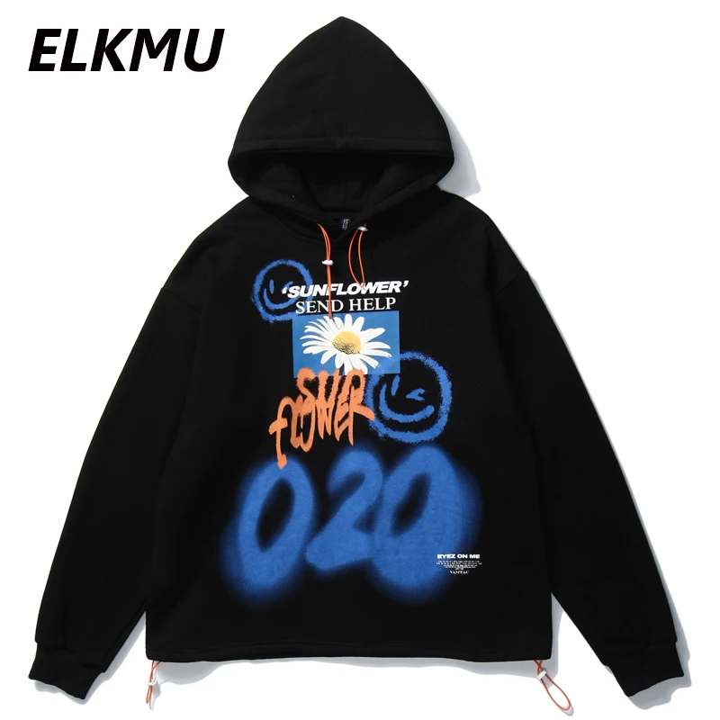 

ELKMU Harajuku Daisy Flowers Print Hoodies Sweatshirts Streetwear Men Hip Hop Casual Fleece Hooded Pullover Loose Tops HE025