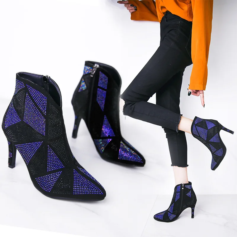 

All Man-made Diamond Short Boots Women's Hot Drilling Color Full of Crystals Ankle Boots Autumn Single Boots Winter plus Velvet