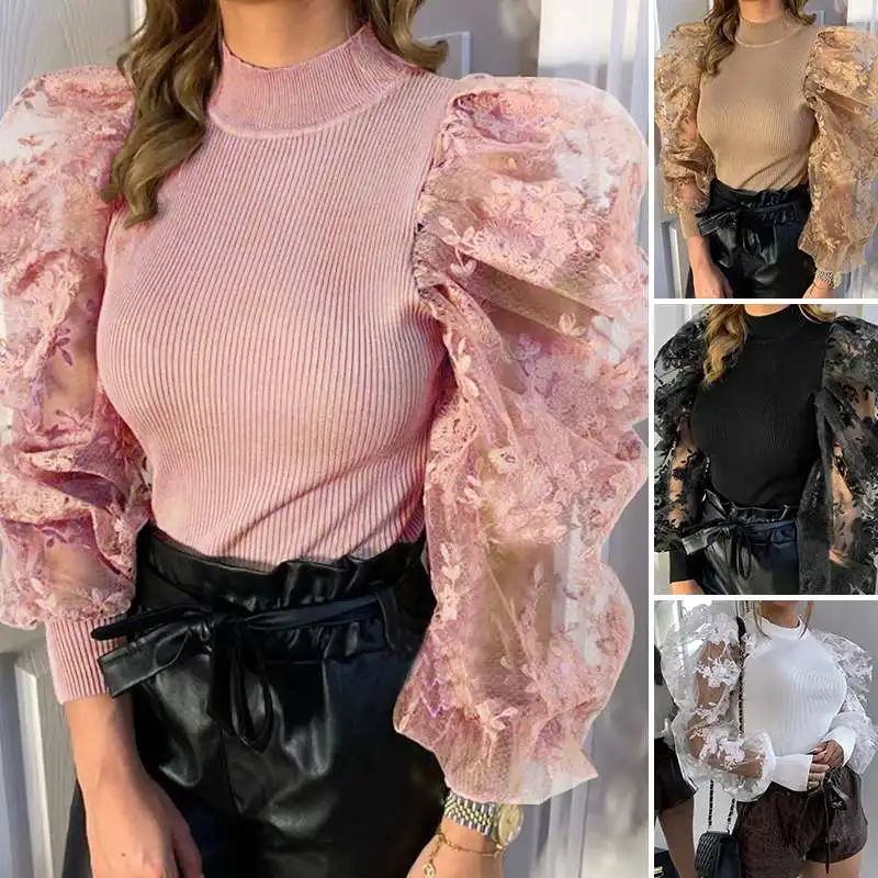 

ZANZEA Puff Sleeve Shirts 2020 Women's Lace Stiching Blouse Female Knitted Turtleneck Tops Plus Size Tunic Fashion Work Blusas