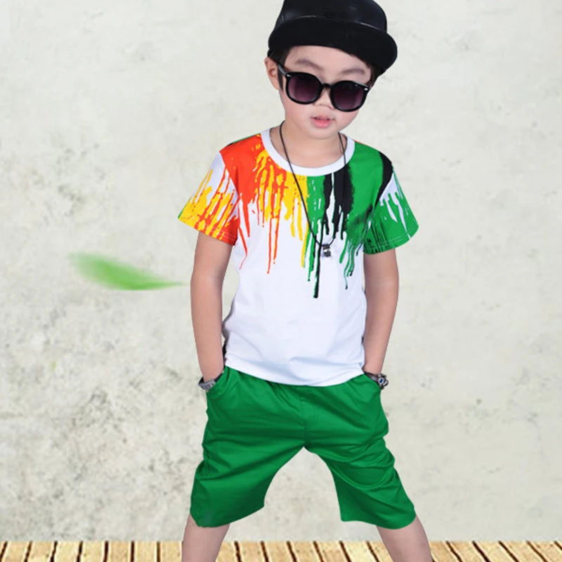New Summer Boys Clothing Set Casual Hip-hop Stripe Colorful T-Shirt + Pants 2Pcs Suit Kindergarten Performance Kids Clothes