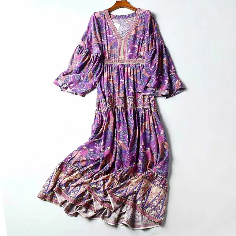 BOHO INSPIRED purple floral dress women V-neck long sleeve dress maxi chic gypsy boho dress summer dress new vestidos