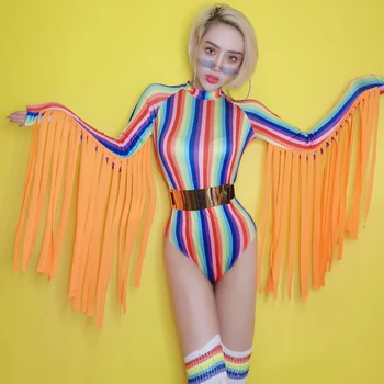 

2020 Nightclub sexy colorful striped tassel jumpsuit festival outfit rave clothes female adult singer dj bodysuit stage wear
