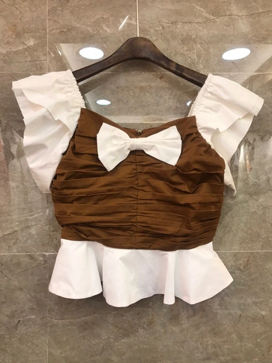 brown Короткие топы Весна Лето Повседневные сексуальные черные кофейные зеленые блузки женские лоскутные плиссированные сексуальные Повседневные базовые Топы - Цвет: brown