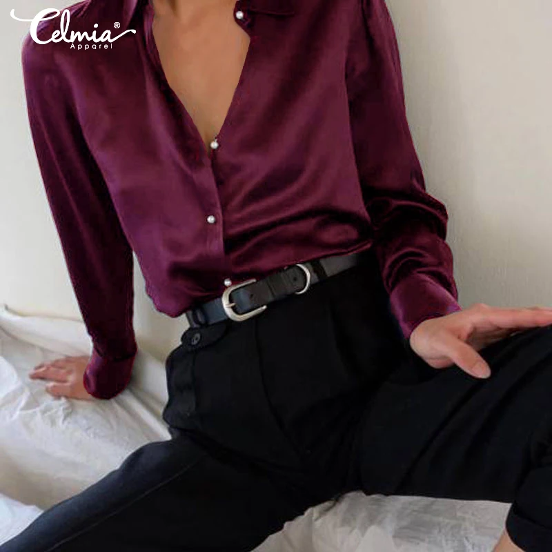 Fashion Satin Blouse Celmia Women Elegant Shirts Stylish Tops Lapel Neck Long Sleeve Casual Buttons Party Slik Blusas Femininas Fashion Satin Blouse Celmia Women Elegant Shirts Stylish Tops Lapel Neck Long Sleeve Casual Buttons Party Slik Blusas Femininas
