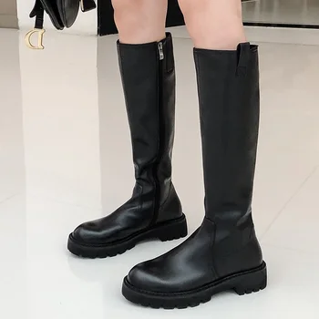 

smiple design leather knee high boots for women round toe boots women long chunky block high heel black shoes platform zip boots