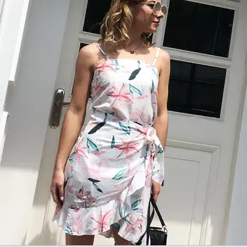 

Beach Style Summer Dress Sexy Short Chiffon Irregular Bandage Dress Sleeveless Package Hips Mini Dress Printed Fashion Vestidos