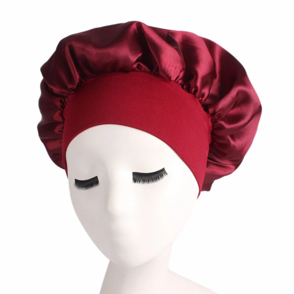 wine red Однотонная женская Атласная шапочка для ухода за длинными волосами, ночная шапка для сна, шелковая шапочка для головы, Регулируемая Шапочка для душа, вязаная шапка 58 см - Цвет: wine red