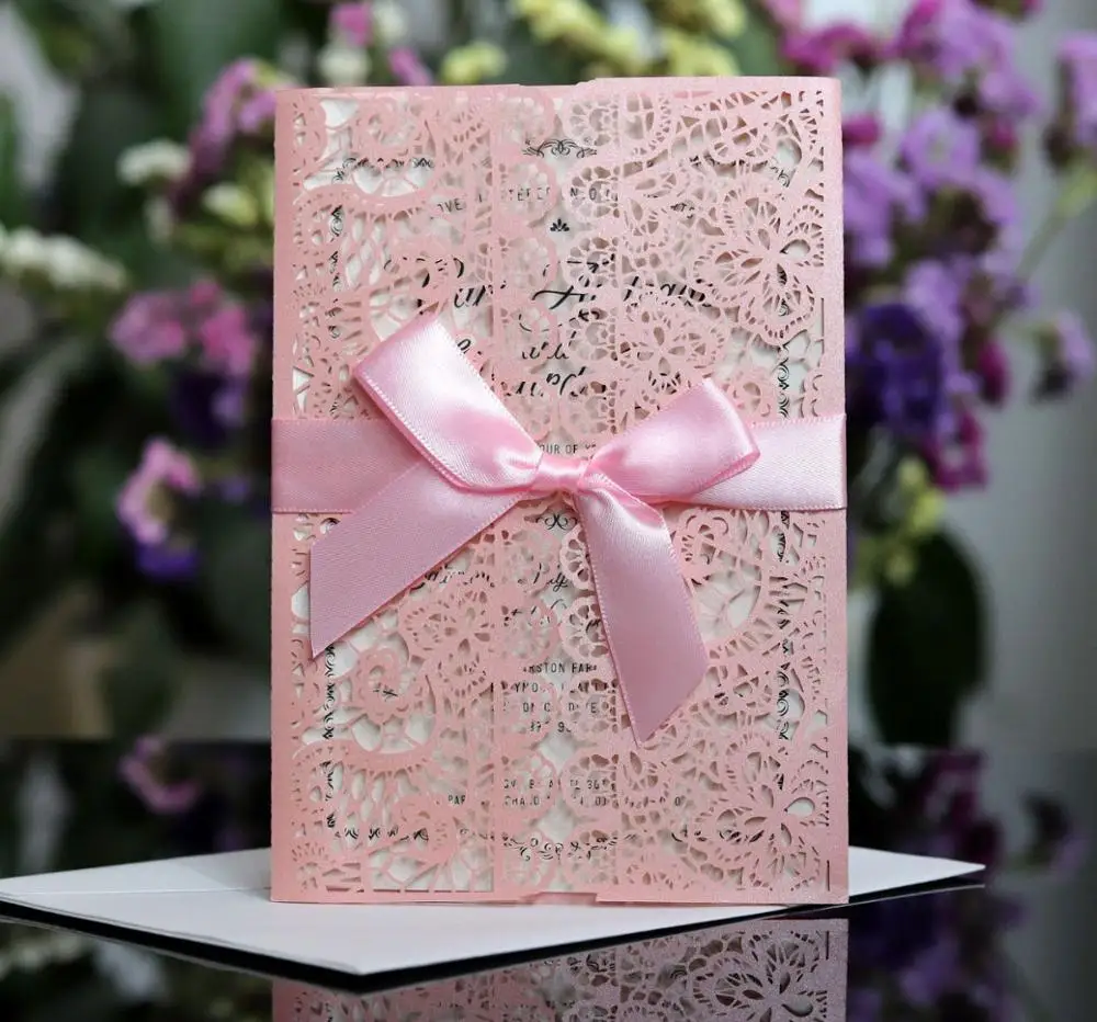  10pcs Elegant Luxury Exquisite Flora Laser Cut Wedding Invitations Card Paper with Ribbon Envelopes - 4.00028E+12