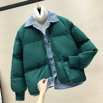 

Denim Stitching Winter Coat Women Fake Two Pieces Cotton Padded Women Winter Jacket Coat Loose Warm Jacket Women Parkas C5923
