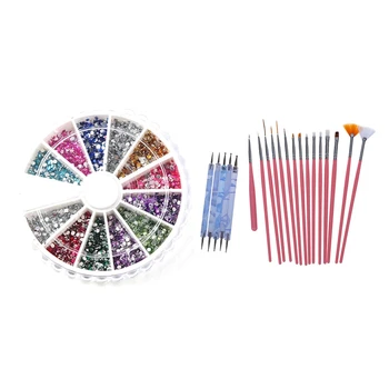 

3000Pcs Small Rhinestone Decoration Tip Round Glitter 12 Color & 15Pcs Nail Brushes with 5Pcs Dotting Pen