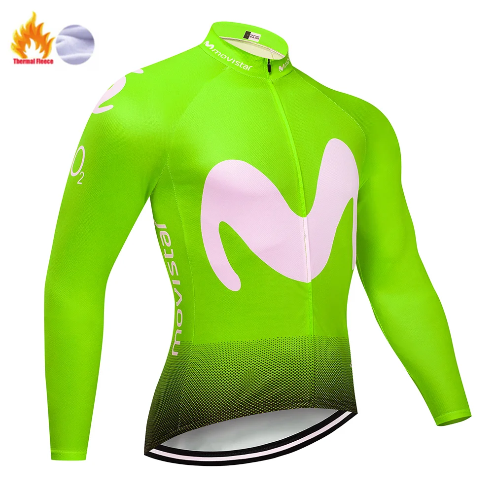 Флуоресцентный зеленый Movistar Team зимний термальный флис Джерси MTB Велоспорт нагрудник брюки комплект теплая куртка Одежда дорожный велосипед одежда - Цвет: Winter Jersey