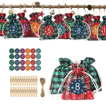 

Christmas Advent Calendar Plaid Cloth Bags Set Drawstring Gift Bags 24 Days Countdown Calendar Candy Bags For Holiday Decor