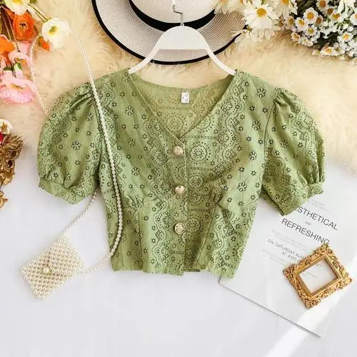 Новая мода Женская Ретро v-образным вырезом ажурная кружевная рубашка с коротким рукавом Женский Летний темперамент - Цвет: Зеленый