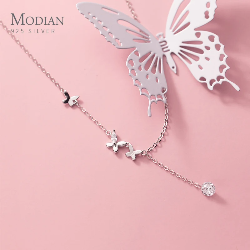 Modian Beautiful Cute Dancing Butterfly Tassel Zirconia 925 Sterling Silver Link Chain Chokers Necklace for Women Fine Jewelry