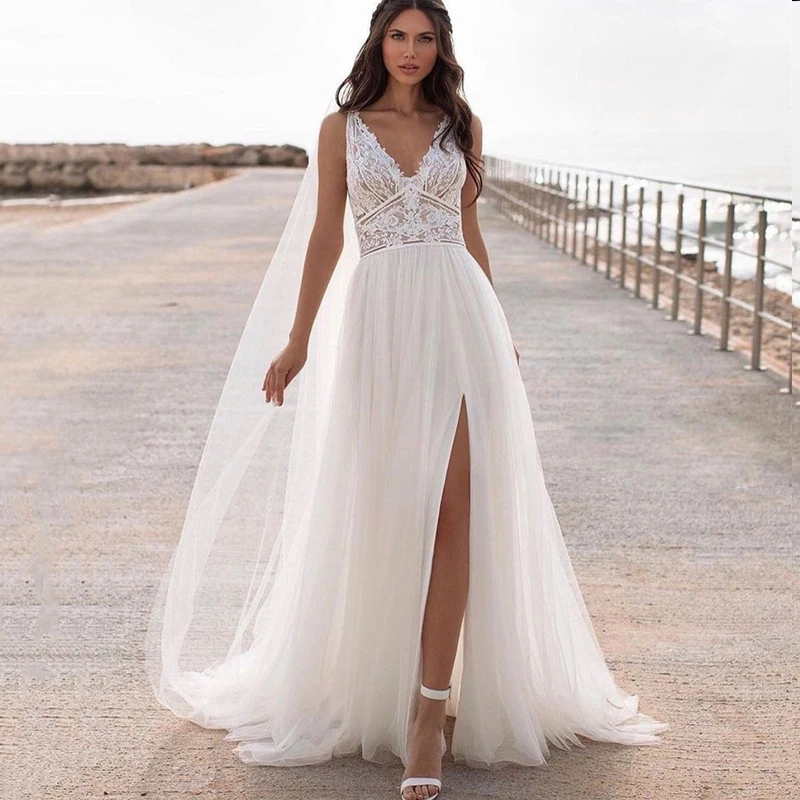 wedding dresses Bohemian Wedding Dress Lace 2021 Split Tank Organza Sleeveless A-Line Vintage Civil Bridal Gown Boho Charming Robe Unique Design bridal gowns