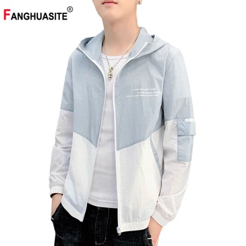 

Fashion Men's Summer Casual Jacket Thin Patchwork Hooded Windbreaker 2020 Pocket Design Letter Printed Sunscreen Clothing Male