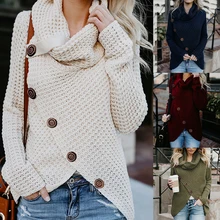 Женский свитер с высоким воротом, Осенний Повседневный Свободный вязаный женский пуловер с пуговицами, модный нестандартный однотонный джемпер размера плюс