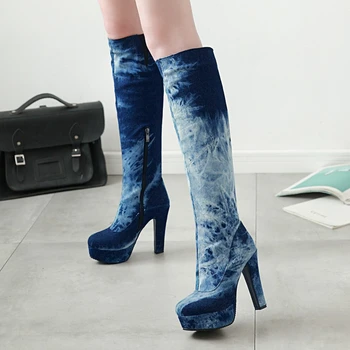 

Brand New Big Size 49 Platform Denim High Heels Elegant Office Lady Knee High Boot Stylish Winter Shoes Boots Women