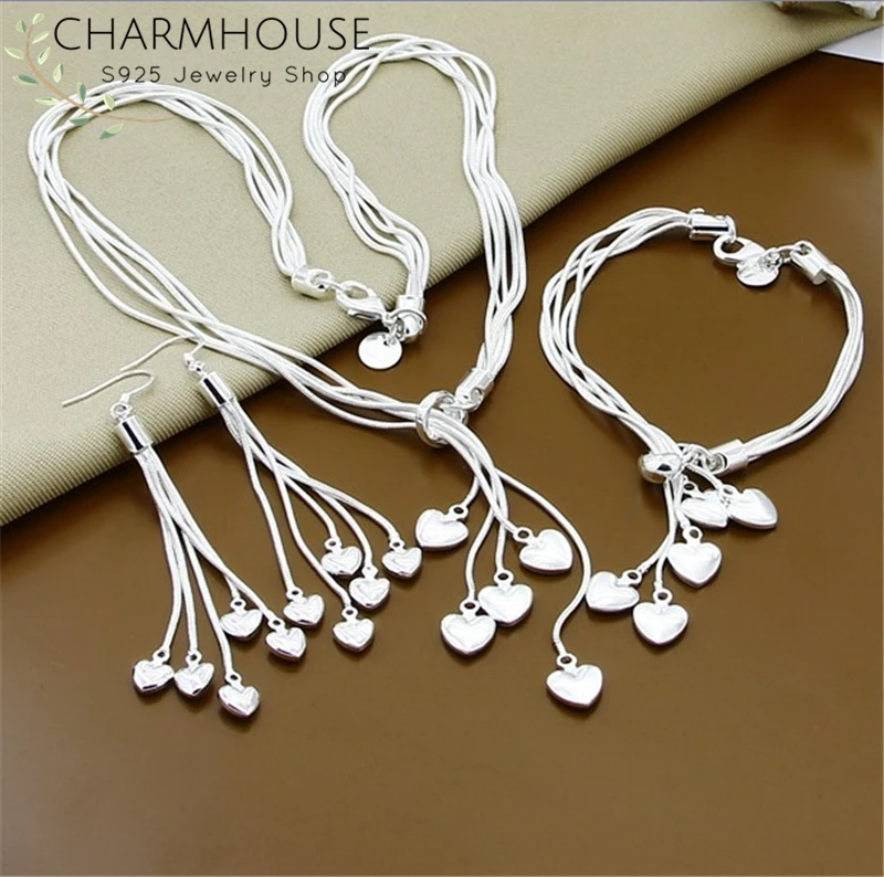 Charmhouse Conjuntos de joyas de plata 925 para mujer, largos con borla de corazón, collar, pulsera, accesorios de joyería, regalos, 3 uds.|Conjuntos de joyería| - AliExpress