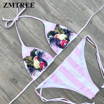 

ZMTREE Bird Printed Swimwear Women Sexy Bikini Set Stripped Bathing Suit Chic Swimsuit Halter Top Beach Wear Bikini 2018 Summer