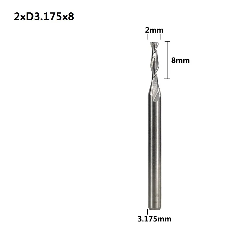 XCAN 10 шт. 3,175 хвостовика 2 флейты плоский конец мельницы Спираль ЧПУ Бит для лазерной гравировки плоская фреза 0,8/1/1,5/2,0/2,5/3,175 мм - Длина режущей кромки: 2.0xD3.175x8
