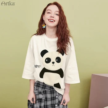 

ARTKA 2020 Summer New Women T-shirt Pure Cotton Fashion Panda Print Plush T-shirt Oversize Short Sleeve White T-shirts TA25003Q