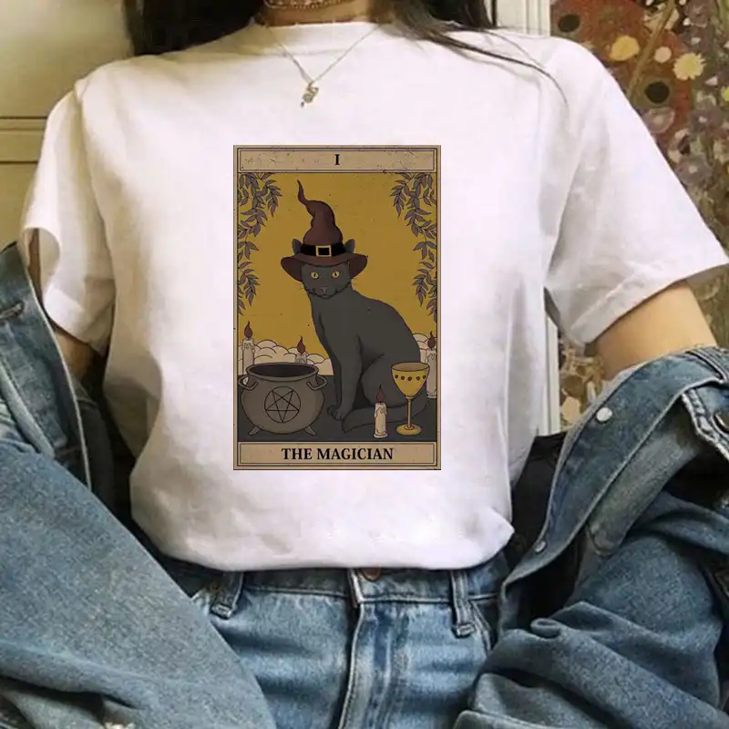 T Shirt Femme Dessin Anime Humoristique Mignon A La Mode Avec Chat Tarot Imprime Aliexpress