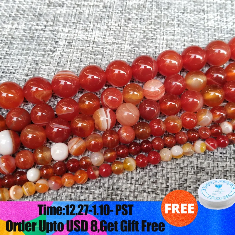 

Natural Stone Beads Smooth Orange Striped Agates Round Loose Beads For Jewelry Making Necklace Bracelet 4-12mm 15" strand