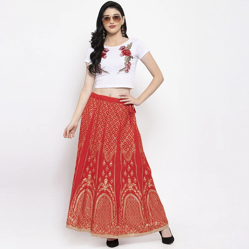 تنورة على الطراز العرقي الهندي للنساء ، ملابس فضفاضة وغير رسمية من القطن  البرنز ، أزياء هندية من باكستان ، تنانير نسائية|ملابس باكستانية وهندية| -  AliExpress