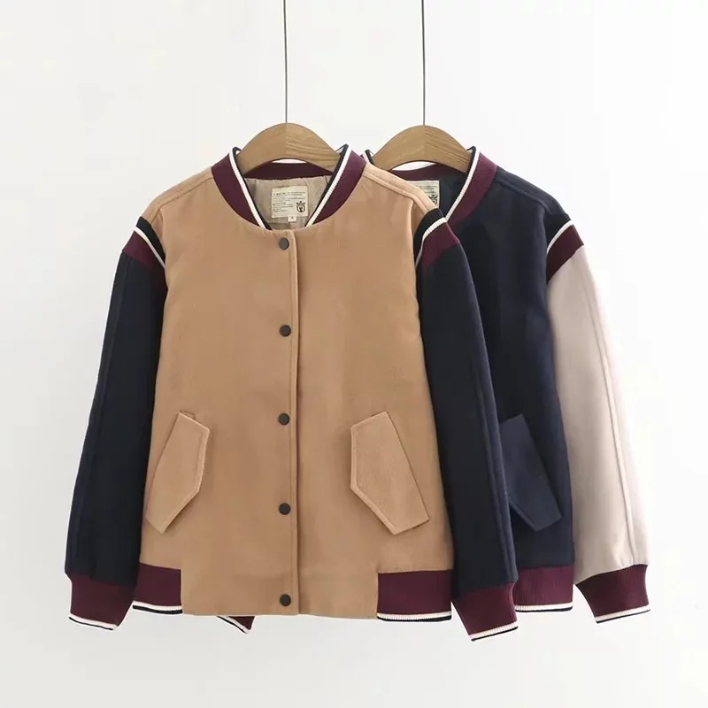 Japanese-style Mori Girl Line Fall And Winter Clothes New Style Contrast Color Stand Collar Woolen Baseball Uniform Coat Wo