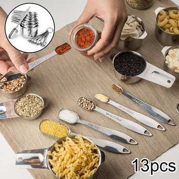 

13pcs Stainless Steel Measuring Cup Spoon Set Buckle Hanging Storage Kitchen Baking Seasoning Measuring Tools