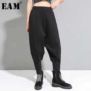 

[EAM] High Elastic Waist Black Split Leisure Harem Trousers New Loose Fit Pants Women Fashion Tide Spring Autumn 2020 1D092