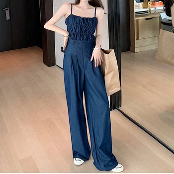 

2020 Elegant Sexy Spaghetti Strap Camis Rompers Women Sets Sleeveless Backless Casual Wide Legs Denim Jumpsuits Leotard Overal