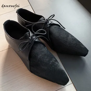 

Women's genuine leather horsehair patchwork lace-up flats leisure soft omfortable pointed toe oxfords high quality spring shoes