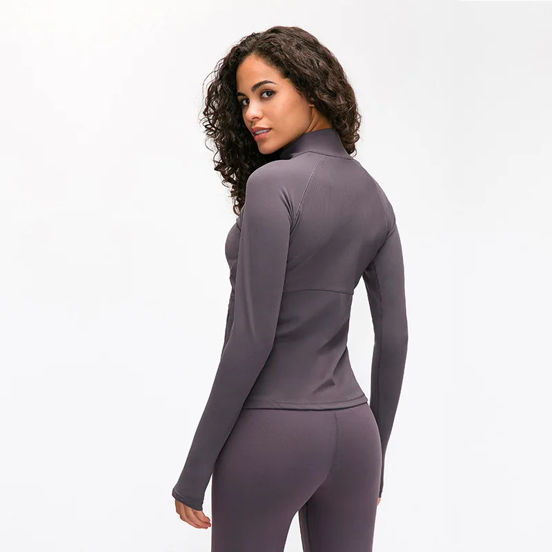 Colorvalue Naked-feel Fabric Slim Fit Yoga Sport Jacket Women Full Zipper Ribbed Gym Fitness Coat with Two Pocket/Thumb Holes