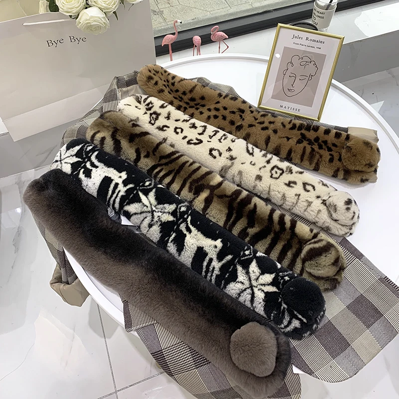 Both side fur leopard printed rabbit fur collar for overcoat, cute little hairy scarf in genuine rabbit fur 60*10cm SS