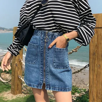 

Casual High Waist Denim Skirt Summer Women Pencil Skirt Pocket Jeans Skirt